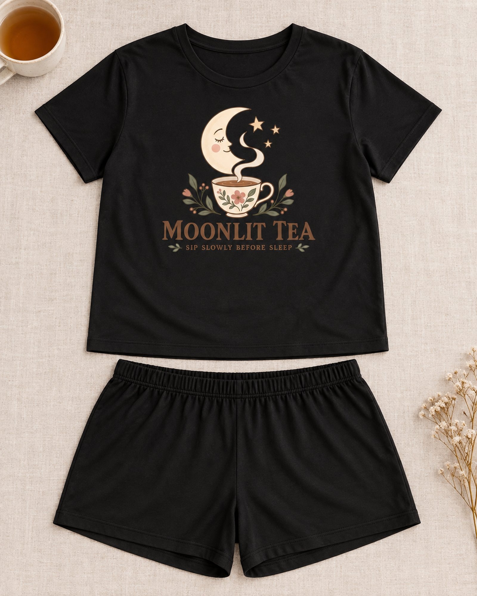 Moonlit Tea Sip Slowly Before Sleep Women's 2D Short Pajama Set