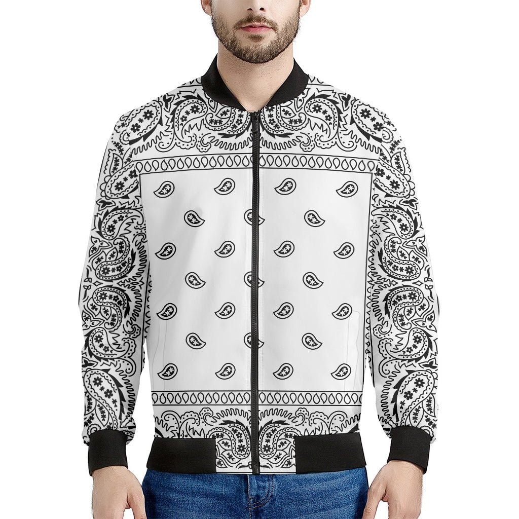 White And Black Paisley Bandana Print Men's Bomber Jacket